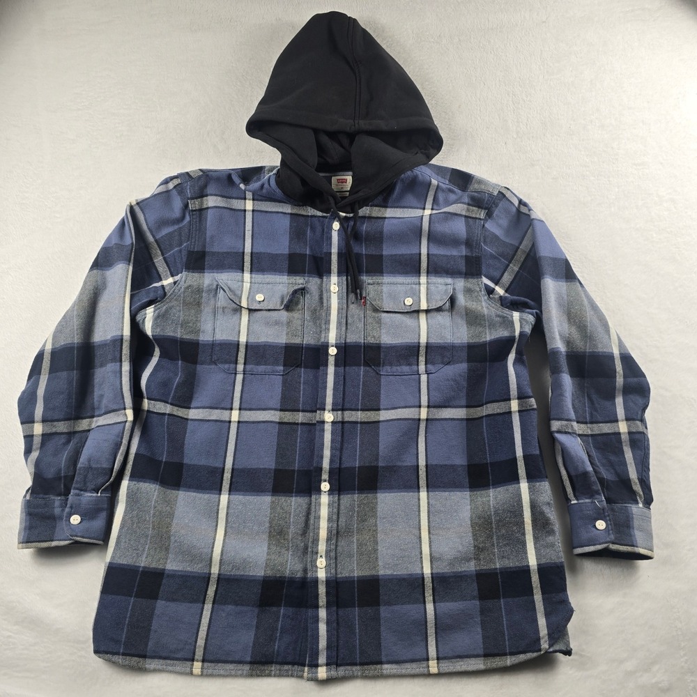 Levis Mens XL Relaxed Fit Plaid Flannel Button Up Shirt Hoodie Blue Black White